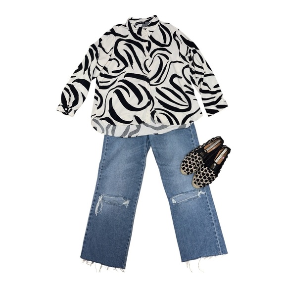 Cream and Black Asymmetrical Button Down Shirt with Notched Collar - Picture 7 of 7